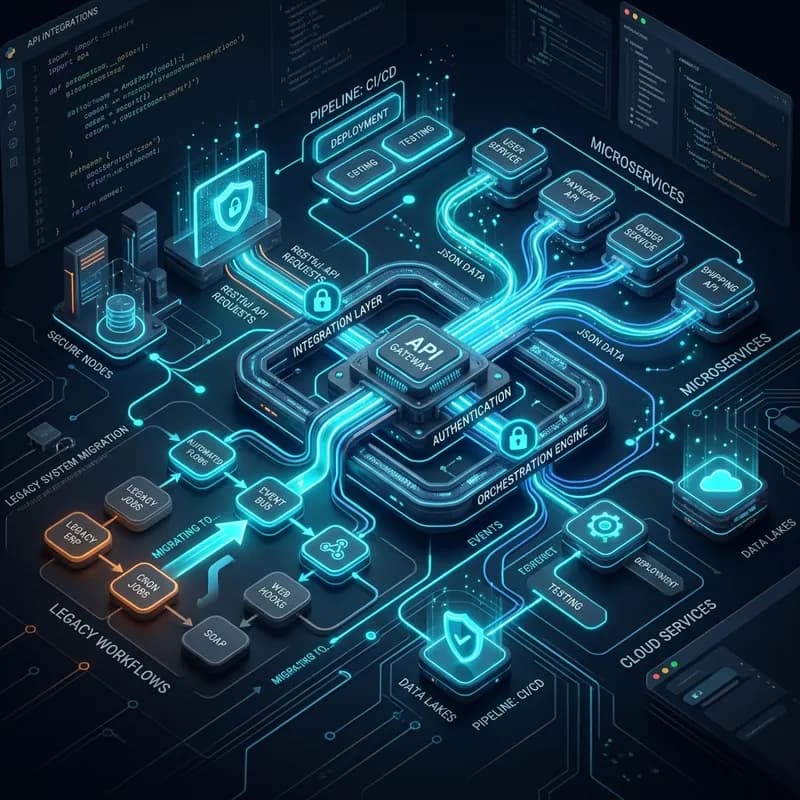 Complex API Integrations & Automations High-tech conceptual 3D illustration representing complex API integrations, automated workflows, and robust RESTful APIs.