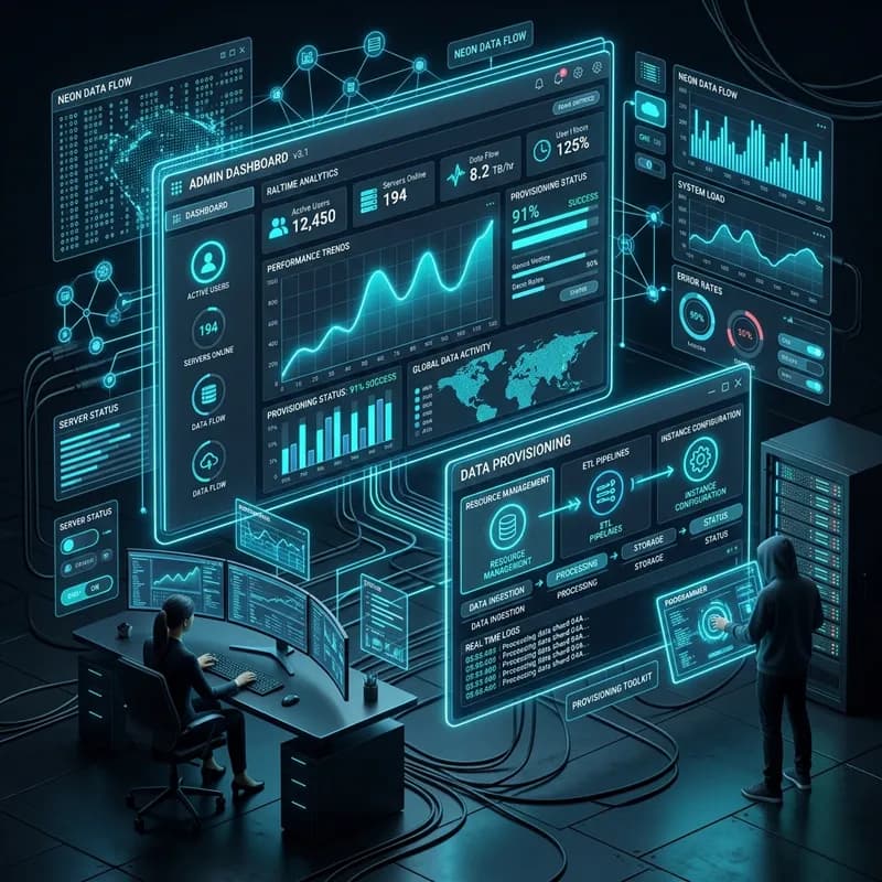 Custom Dashboards & Provisioning Tools High-tech conceptual 3D illustration representing custom administrative dashboards, heavy data processing visualizations, and sleek interfaces.