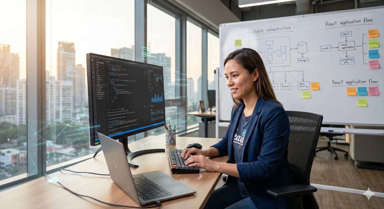 A female software engineer developing a high-performance React application in a modern office with scalable infrastructure diagrams on a whiteboard.