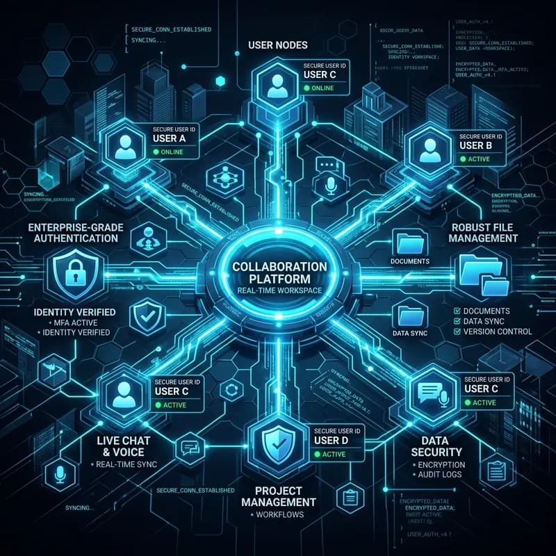 Interactive Collaboration Platforms High-tech conceptual 3D illustration representing interactive collaboration platforms, real-time online workspaces, and secure cybernetic networks.