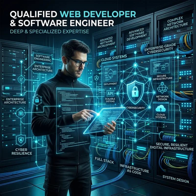 Qualified Web Developers & Software Engineers A professional high-tech conceptual 3D illustration of qualified web developers and software engineers building secure network architecture.